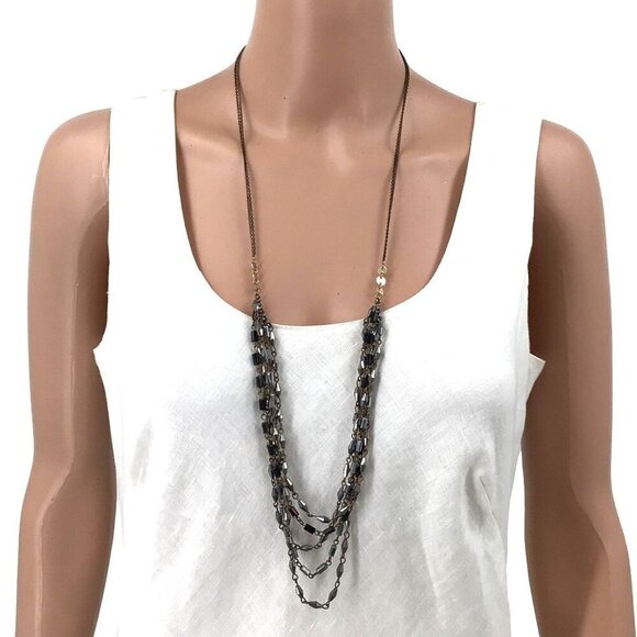 Multi Tier Long Necklace Gold Tone Silver Beaded Chain - Picture 1 of 2